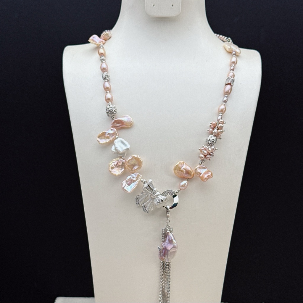 X824 Handmade Freshwater Baroque Pearl Long Sweater Necklace 21” Rhodium Plated